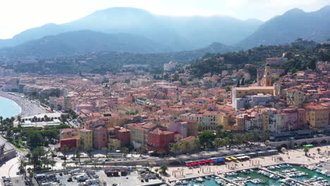 Menton-aerial-back-traveling-from-old-city-and-basilica-to-large-view